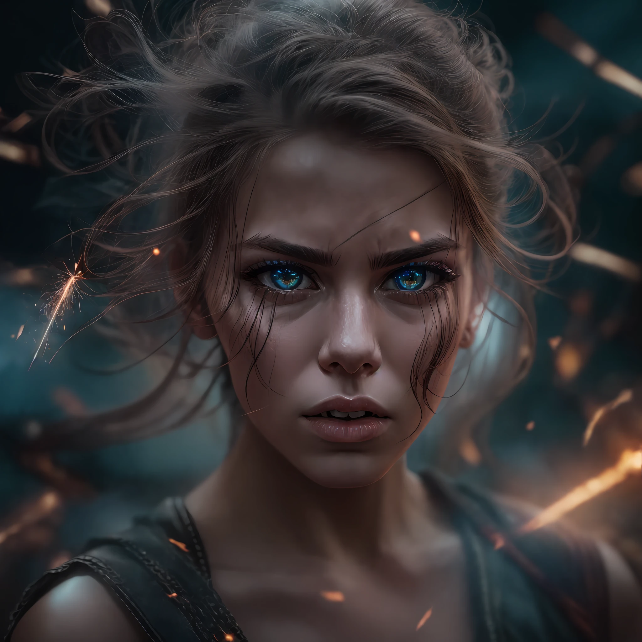 [1] = 1girl, fiercely determined, close up shot, stormy eyes, sparks flying / [2] = A close-up portrait of a determined young woman, her face contorted with determination, her eyes glowing with fiery intensity as sparks fly around her. / [3] = Set in a post-apocalyptic cityscape, dark and desolate, with remnants of a once bustling civilization. / [4] = The atmosphere is charged with tension and anticipation, as if a pivotal moment in a fierce battle is about to unfold. / [5] = Photography / [6] = Shot with a high-speed camera to capture the dynamic sparks, using a wide aperture lens to create a shallow depth of field and focus on the girl's intense expression.