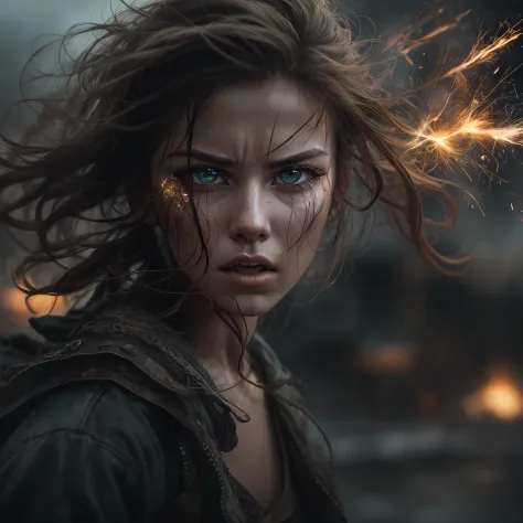 [1] = 1girl, fiercely determined, close up shot, stormy eyes, sparks flying / [2] = A close-up portrait of a determined young woman, her face contorted with determination, her eyes glowing with fiery intensity as sparks fly around her. / [3] = Set in a pos...