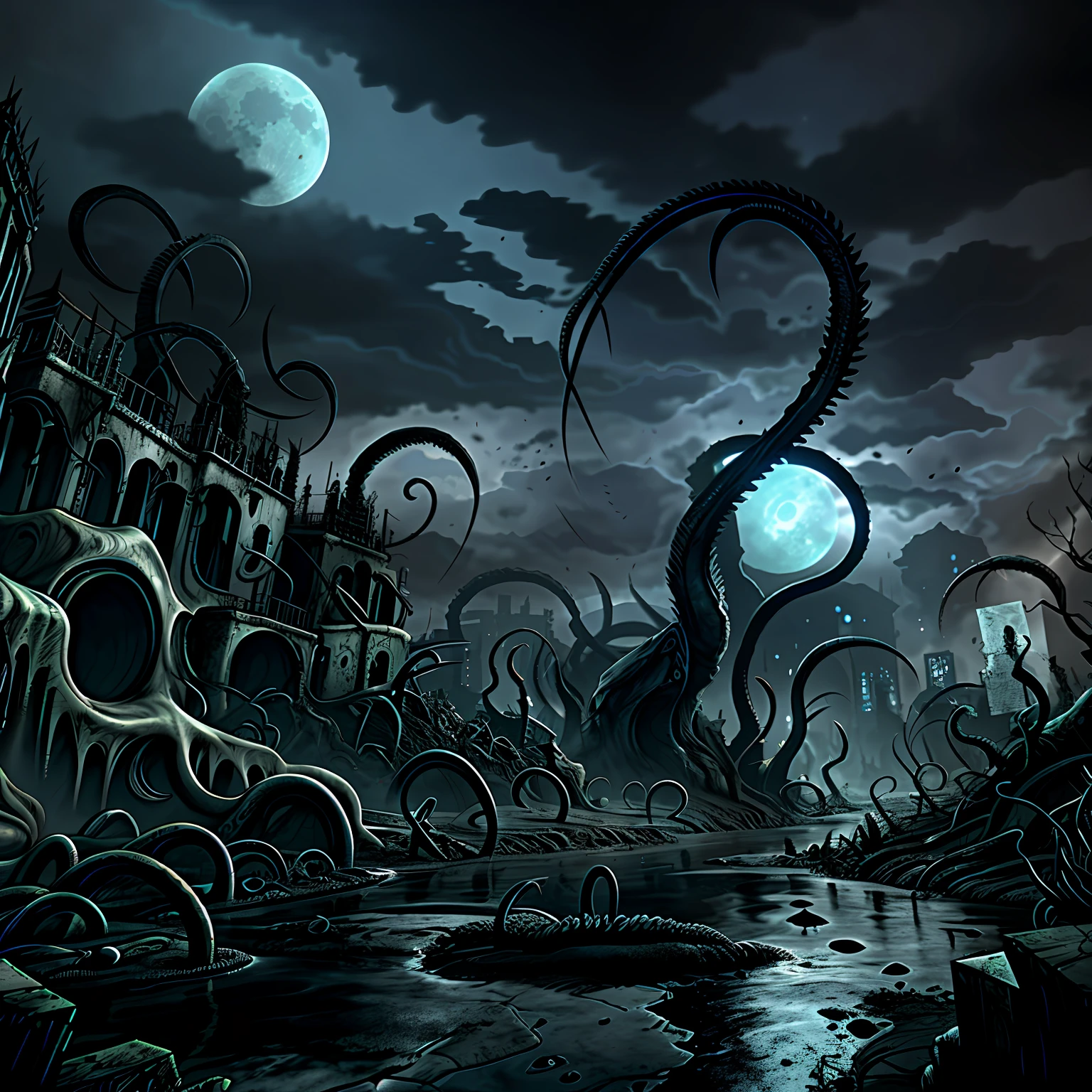 Madness evil landscape. Tentacles rising from the abyss, polluted river, macabre cemetery, bloody moon, unreal engine, UHD sketch color drawing