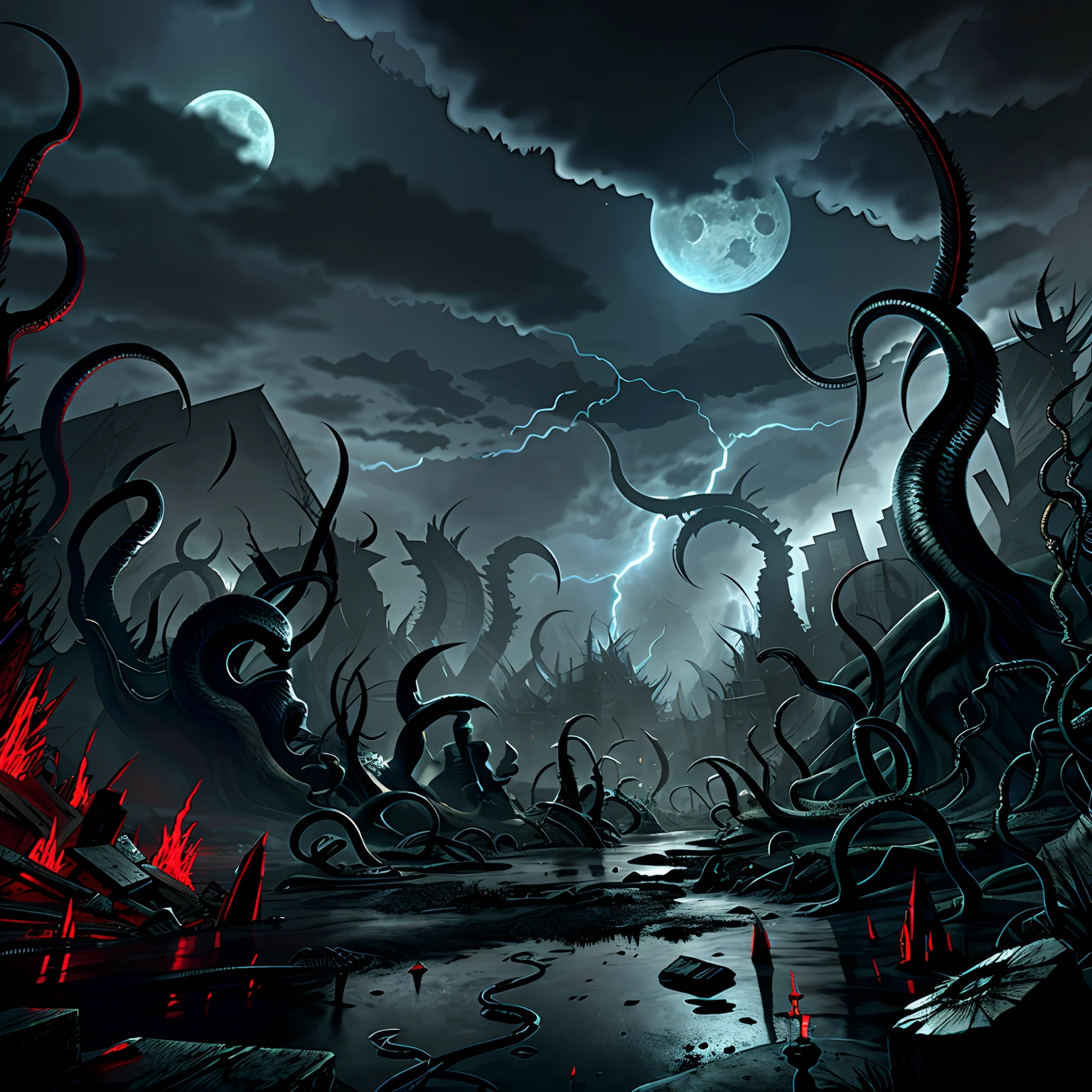 Madness evil landscape. Tentacles rising from the abyss, polluted river, macabre cemetery, bloody moon, unreal engine, UHD sketch color drawing
