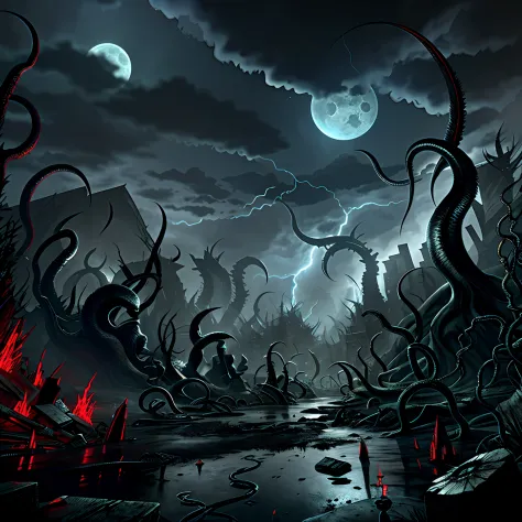 Madness evil landscape. Tentacles rising from the abyss, polluted river, macabre cemetery, bloody moon, unreal engine, UHD sketc...