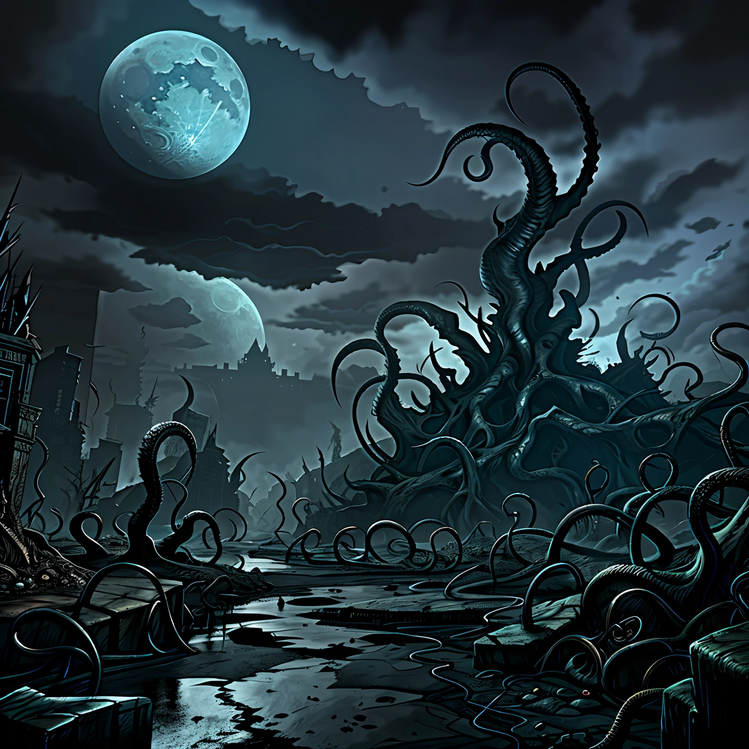 Madness evil landscape. Tentacles rising from the abyss, polluted river, macabre cemetery, bloody moon, unreal engine, UHD sketch color drawing