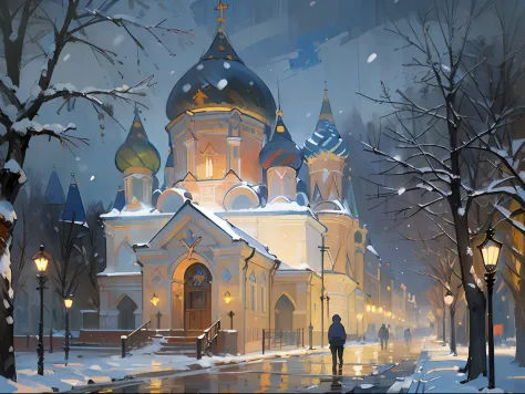 (((chapel))), (((church))), ((domes)), ((night time)), darkness, evening, lights, (((russia))), ((19th century)), snowing, winte...