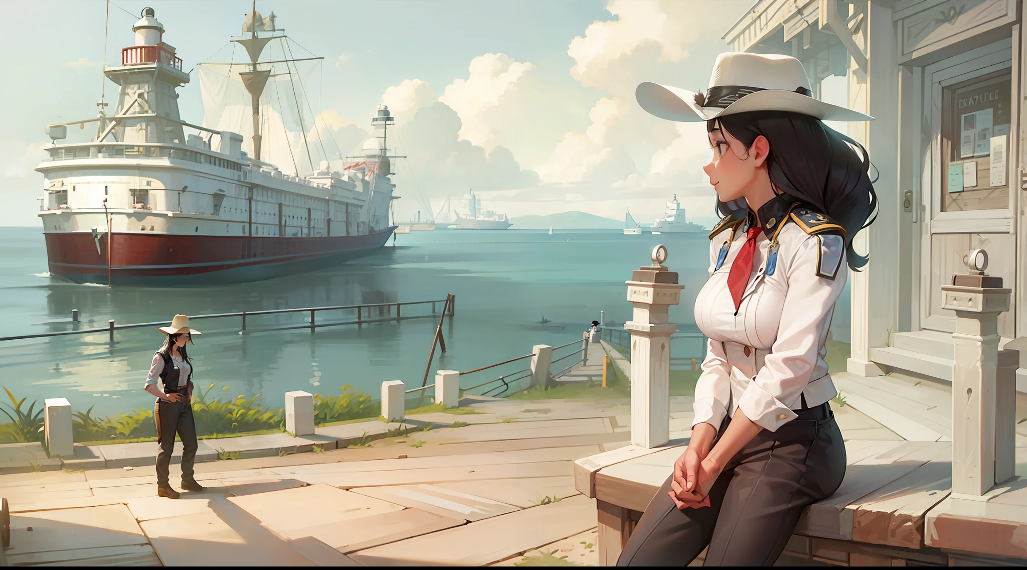 A girl with black hair and cowboy hat talking to a old captain of ship in the seaport near a beautiful white lighthouse