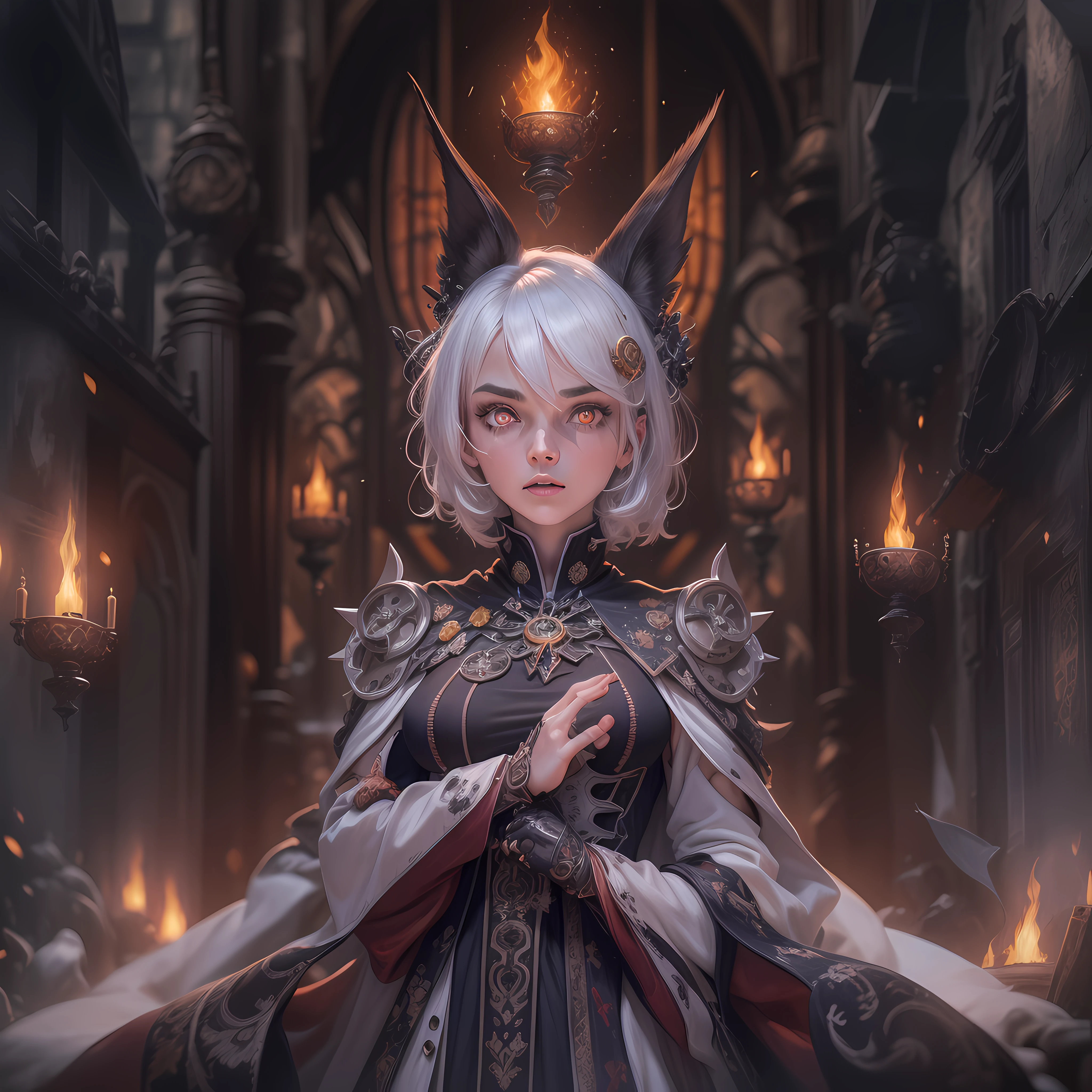 (1girl fox ear, short hair, 15 year old (small_breasts:1.9), (small head),, pale skin, small boobs ((platinum hair color)),  (extremely intricate robes, magical robes), discreet wearing cloak with gears (technical wearing, jetpack). dark church background, mechanism, gears, industry, technology, automaton, electric sparks cinematic atmosphere. (((flowing cloak))), ((amber eyes high quality, high quality face)), (extremely intricate robes, magical robes), casting black flame, swirling fire, radiating power, smoke, magic black flame ((dramatic)), depth of field, bokeh, gothic, ember, particles, skulls and lit candles necromancer, red glow, shadows, starry, night blood moon, magic, low camera angle, (detailed eyes:1.3), (detailed face:1.3), (perfect hands:1.3). realistic shadows, ultra detailed high resolution, sharp focus, depth of field, (Masterpiece:1.2) (photorealistic:1.2) (best quality) (intricate details) (High Poly) (Raytracing), (neutral colors:1.2), (hdr:1.4), (muted colors:1.2), hyperdetailed, (artstation:1.4), cinematic, cold lights, dramatic light, (intricate details:1.1), (teal and orange:0.4)", detailed background, (steam-punk theme:1.1) determined expression, dark mist, dark clouds, floating lights.