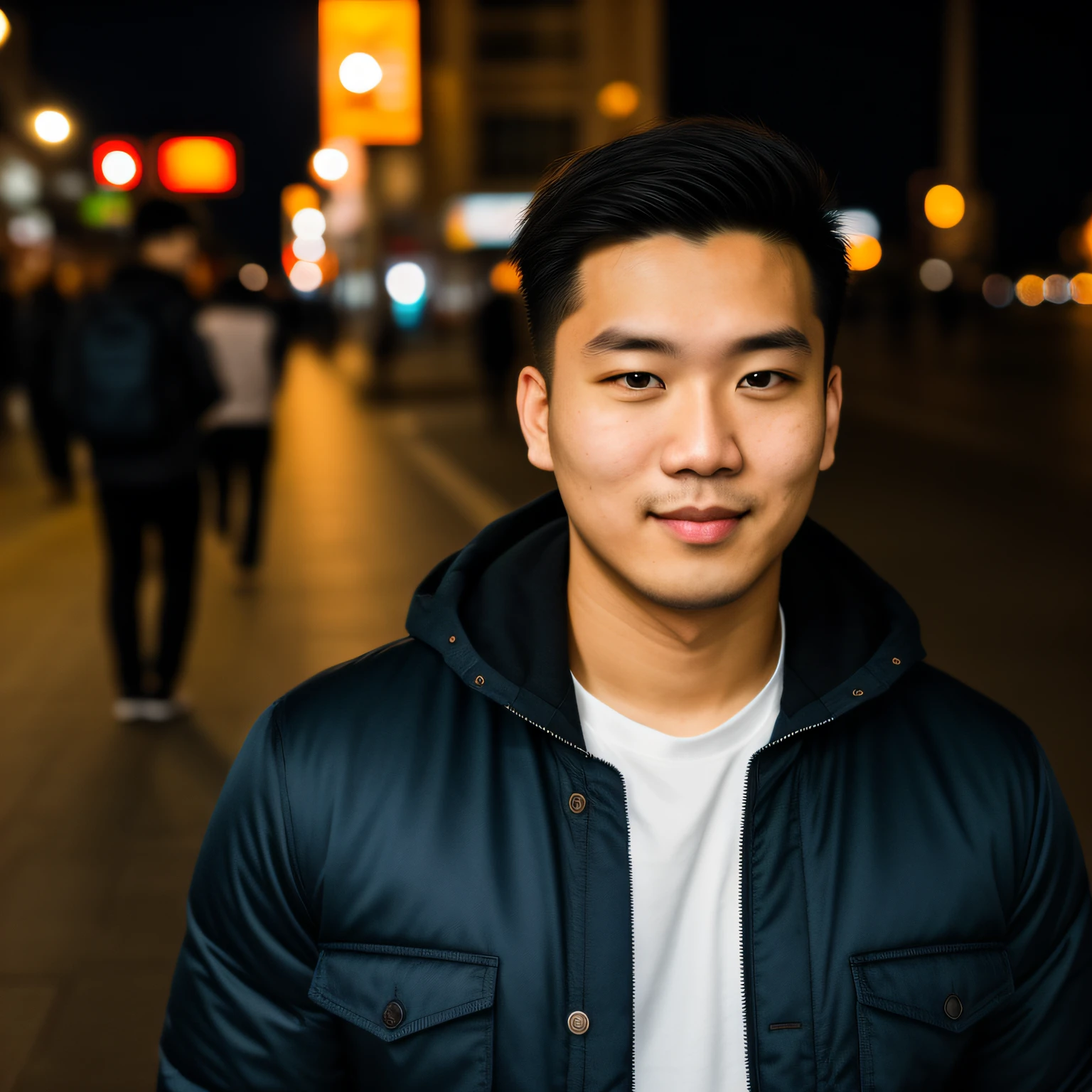 RAW photo, a portrait photo of 25 y.o man in casual clothes, night, city street, (high detailed skin:1.2), 8k uhd, dslr, soft lighting, high quality, film grain, Fujifilm XT3