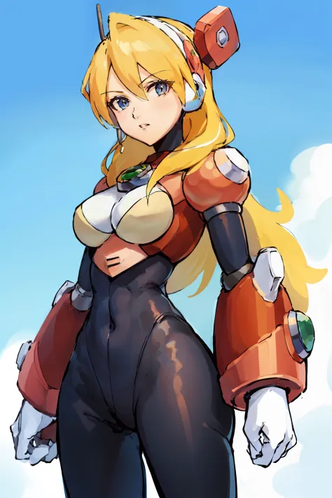 alia_megamanx, 1girl, solo, breasts, blue eyes, blonde hair, android, long hair, robot ears, masterpiece, high quality,