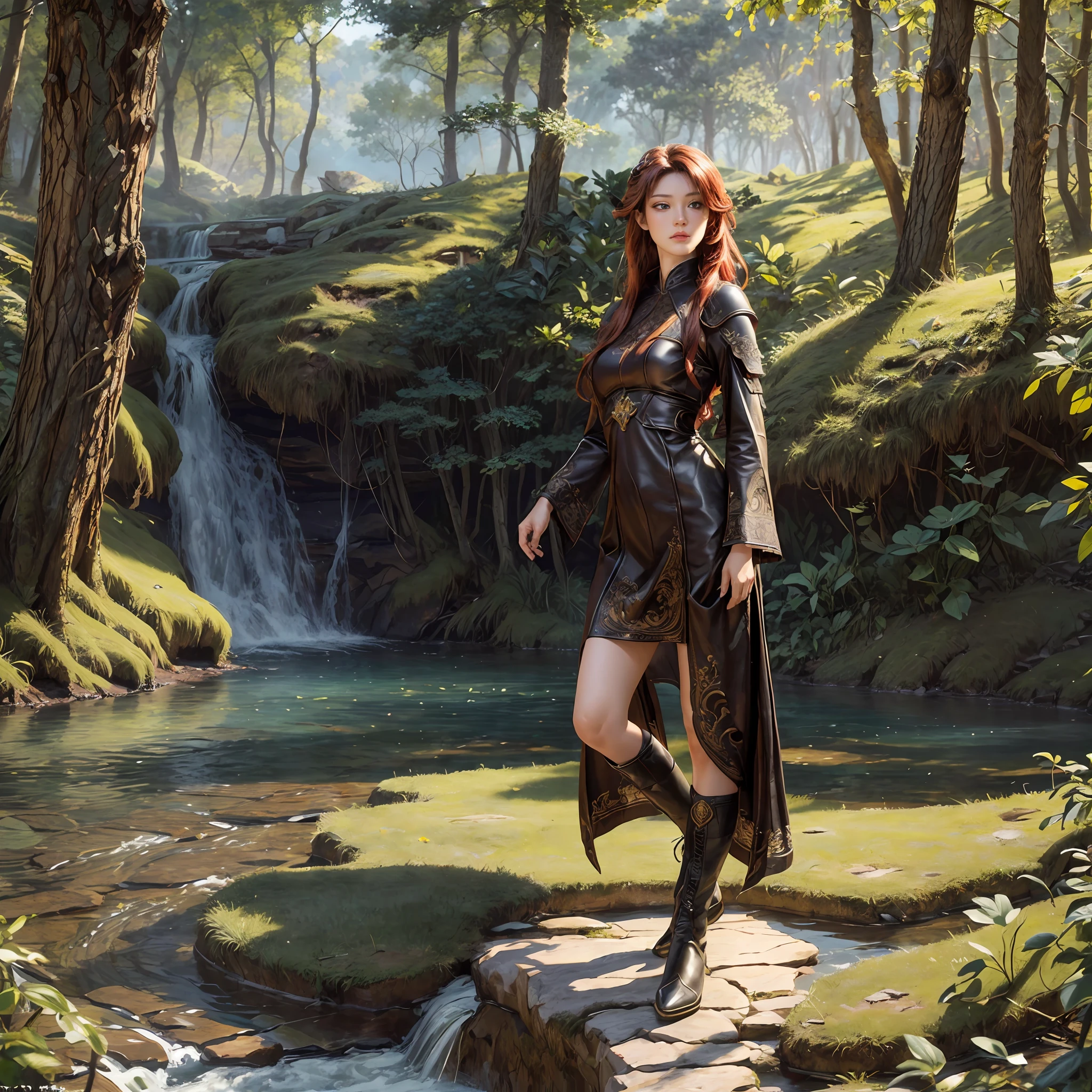 high details, best quality, 8k, [ultra detailed], masterpiece, best quality, (extremely detailed), dynamic angle, ultra wide shot, RAW, photorealistic, fantasy art, dnd art, rpg art, realistic art, a wide angle picture of a female human ranger and a fox 1.4 intricate details, Masterpiece, best quality), warrior of nature, fighter of nature, full body, [[anatomically correct]]. dynamic position (1.5 intricate details, Masterpiece, best quality) talking to a fox (1.6 intricate details, Masterpiece, best quality) in forest (1.5 intricate details, Masterpiece, best quality), a female  wearing leather clothes (1.4 intricate details, Masterpiece, best quality), leather boots, thick hair, long hair, red hair, fair skin intense eyes, forest  background (intense details), a stream flowing in the background (1.4 intricate details, Masterpiece, best quality), dawn light, clouds (1.4 intricate details, Masterpiece, best quality), dynamic angle, (1.4 intricate details, Masterpiece, best quality) 3D rendering, high details, best quality, highres, ultra wide angle