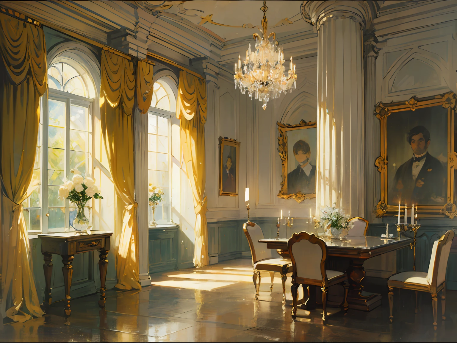 ((Ballroom)), ((candles)), (columns), chandeliers), (crystal), (marble), (gold details), (curtains), (19 century), (Renoir), (many), (oil painting), (Sketch)