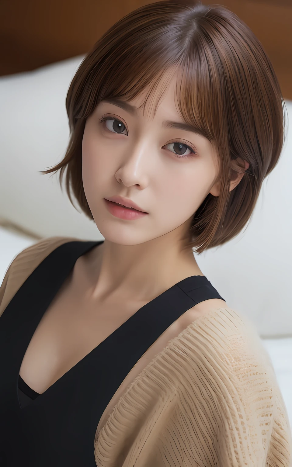 ((top-quality、8K、masuter piece:1.3))、1 girl、Czech、Spaniard、Beautiful woman with slender abs:1.3、(Highlight Haircuts、Breast A Cup:1.2)、Black see-through:1.1、hyperdetailed face、A detailed eye、double eyelid、full bodyesbian　undergarment　on the beds、Seductive open lip、Brown hair