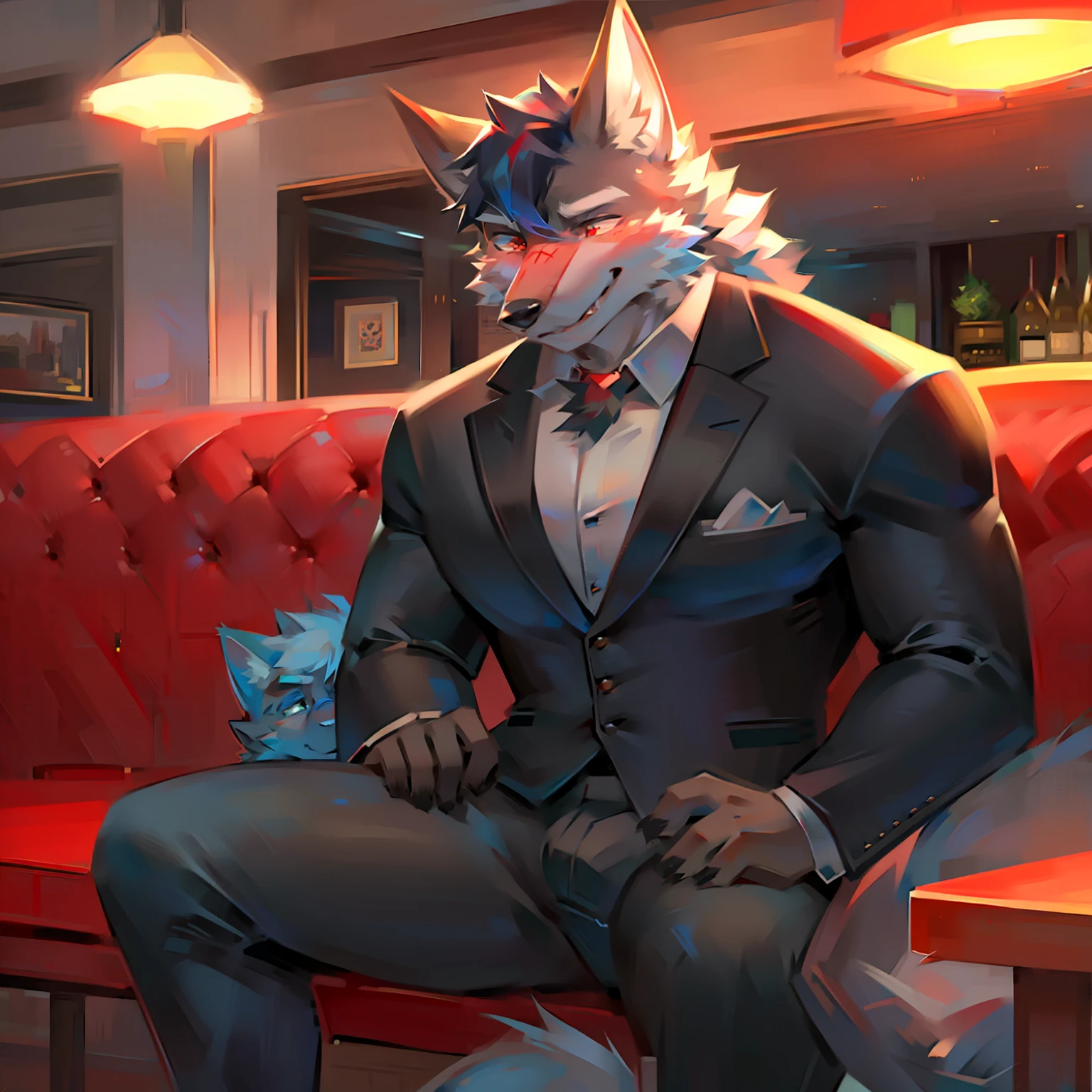 Wolf orcs，musculature，dressed in a suit，natta，Sitting in the restaurant，is shy，Eye avoidance，Be red in the face，Smile with your mouth closed