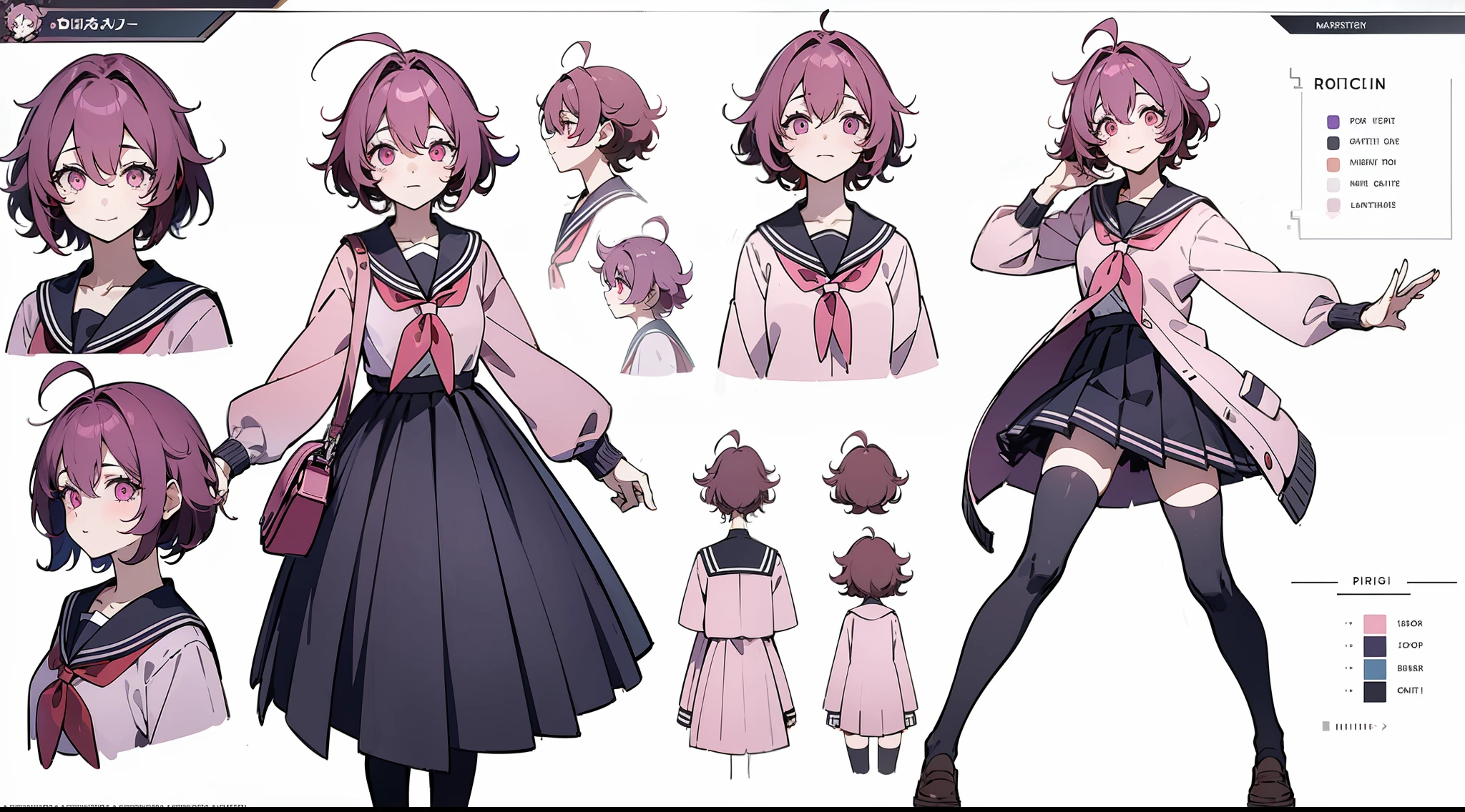 ((Masterpiece, highest quality)), detailed face, character sheet, Full body, 1girl, pink eyes, dark purple hair, short hair, ahoge, ((messy hair)), hair between eyes, , cardigan, black thigh-highs, smile, yandere, dark, pink theme, pale skin, full of details, multiple poses and expressions, highly detailed, depth, many parts