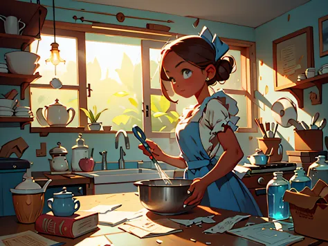 Cinderella in a dilapidated house，Clean the floor，Washing dishes，one-girl，Shabby white apron，Perfect quality，Clear focus（Clutter...