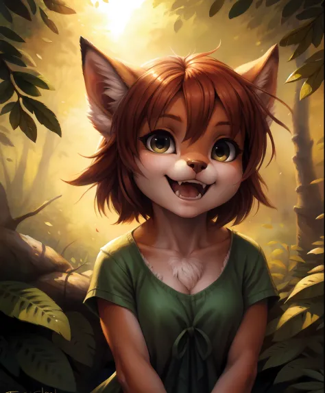 by kenket, by totesfleisch8, (by thebigslick, by silverfox5213:0.8), (by syuro:0.2), elora furry, detailed and extremely fluffy body fur, fluff, masterpiece, looking up beautiful surroundings, detailed background, happy, leaf-dress, (uploaded on e621,8k, R...