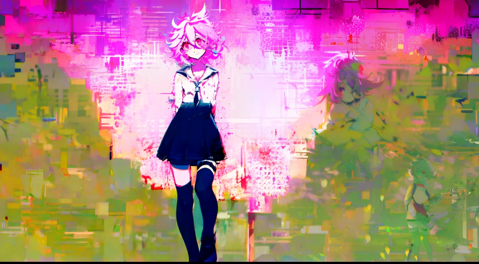 ((Masterpiece, highest quality)), Full body, 1girl, pink eyes, purple hair, short hair, ahoge, ((messy hair)), hair between eyes, , cardigan, black thigh-highs, crazy smile, yandere, shaded face, blood, head tilt, dark, pink theme, pale skin, shaded face, empty eyes