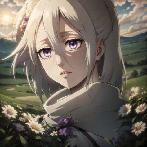 The Albino Woman, long curly hair, violet eyes, kiss with Levi Ackerman, Field of flowers, Sunset