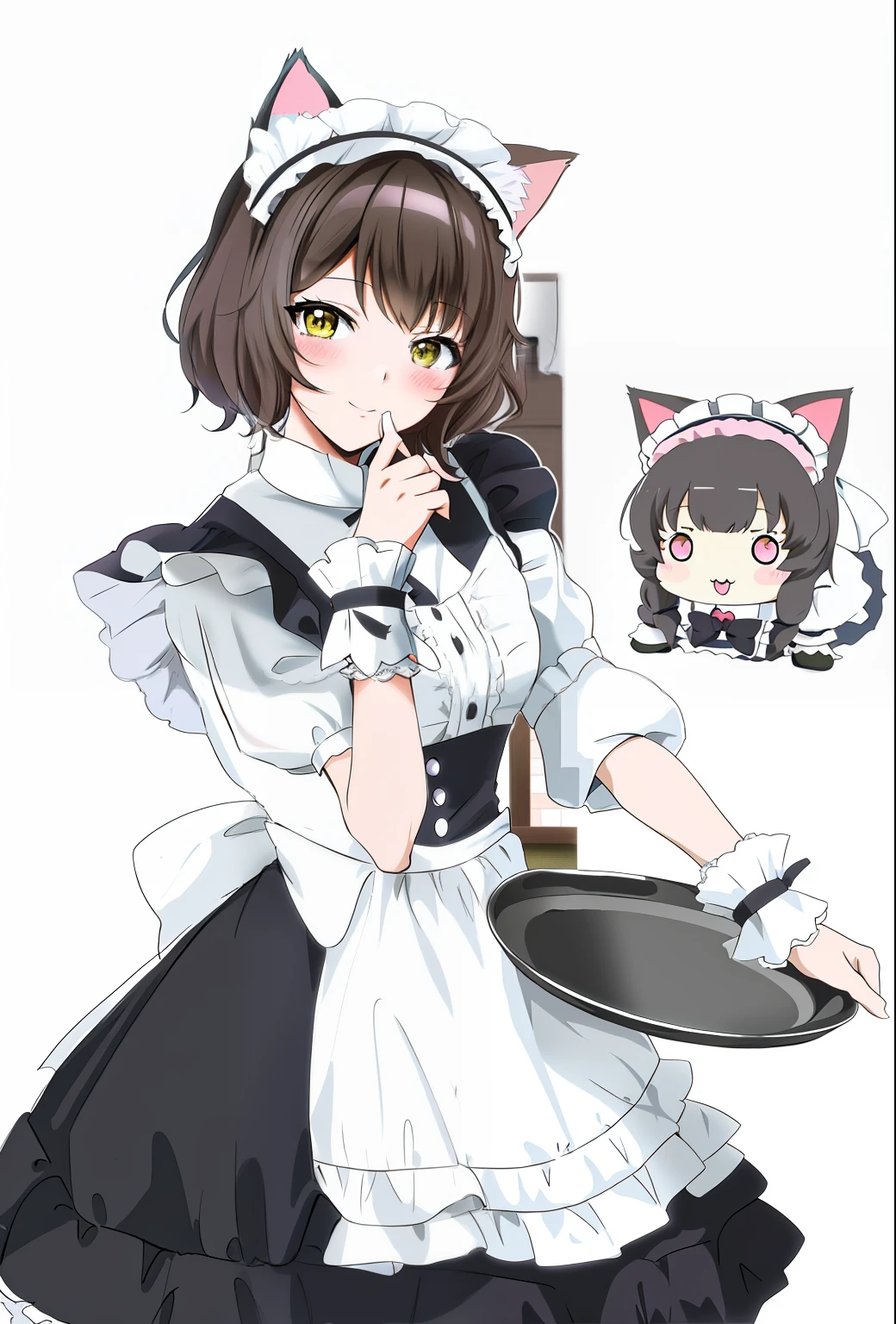 Anime character of a maid with a cat and a pan - SeaArt AI