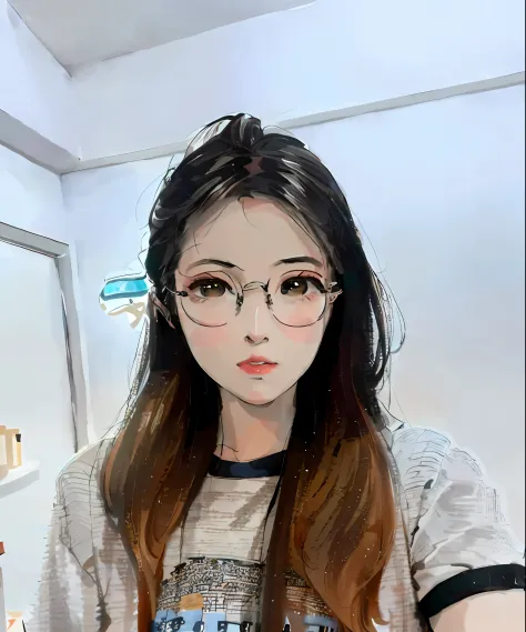 There was a woman wearing glasses taking a selfie, With glasses, wearing thin large round glasses, wenfei ye, wearing small round glasses, 8k selfie photograph, xintong chen, yanjun cheng, xision wu, Li Zixin, with square glasses, Lin Qifeng, eye glass, ch...