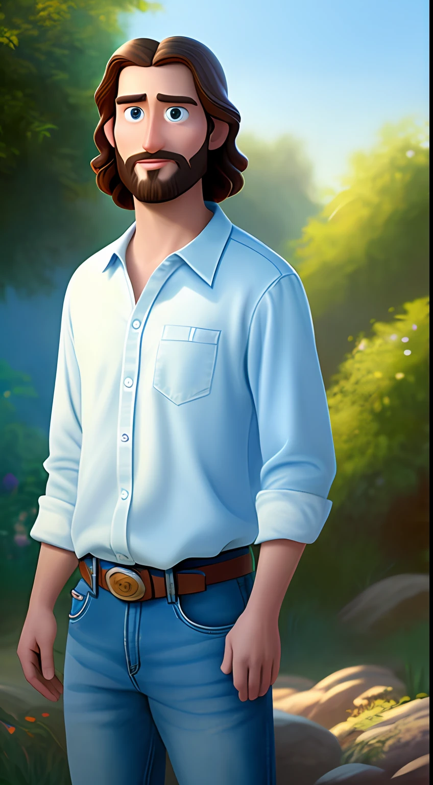 Original art quality, full body image, pixar style, young and handsome Jesus God, standing posture, hands naturally placed on both sides, looking straight ahead, soft smiling expression, eyes full of light, blue backlight, translucent, with light as the theme, the focus of light is on the characters, the overall picture is fresh and bright.