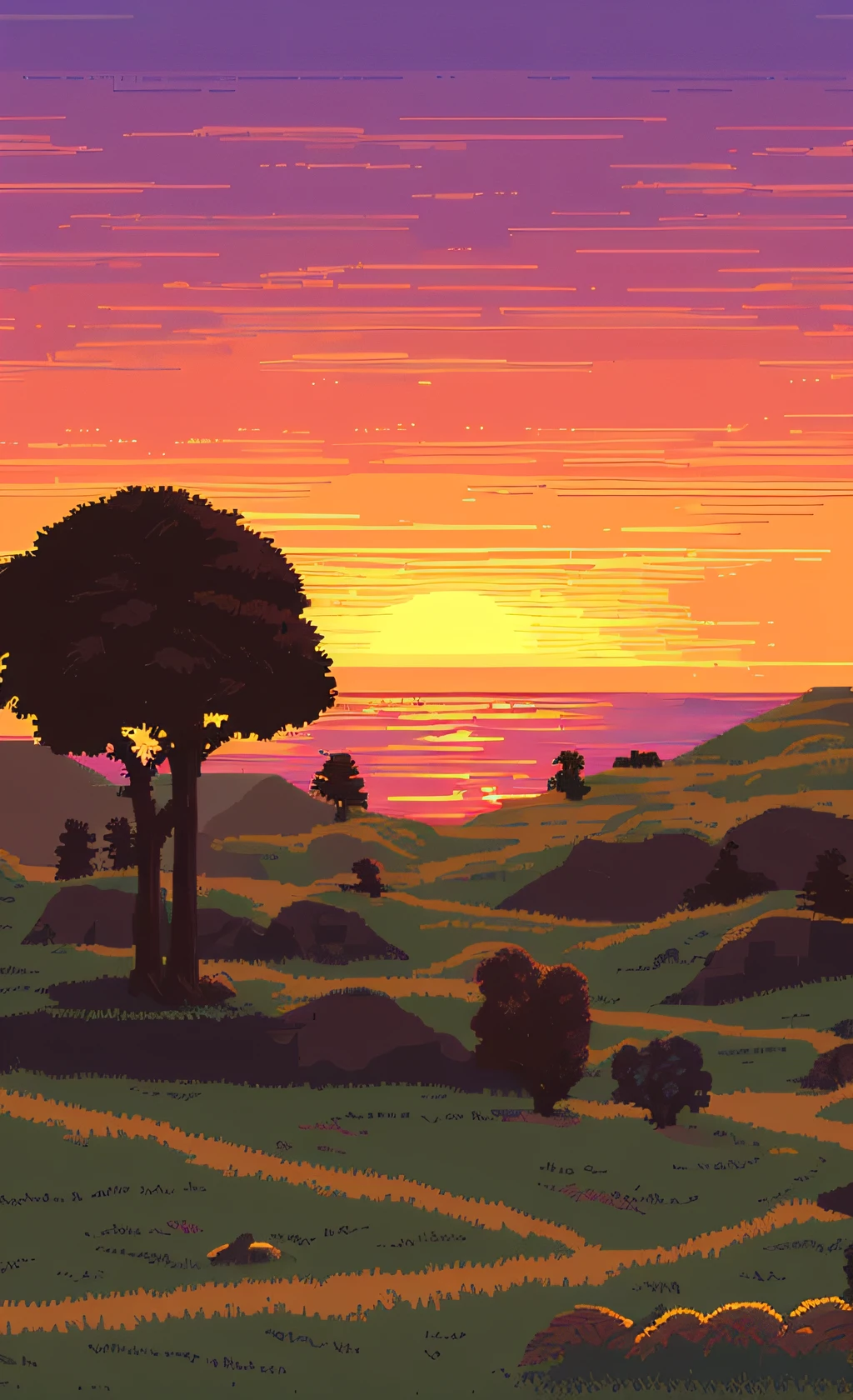 eine wunderschöne Landschaft, ein wunderschöner Sorbet-Sonnenuntergang, Pixel Kunst