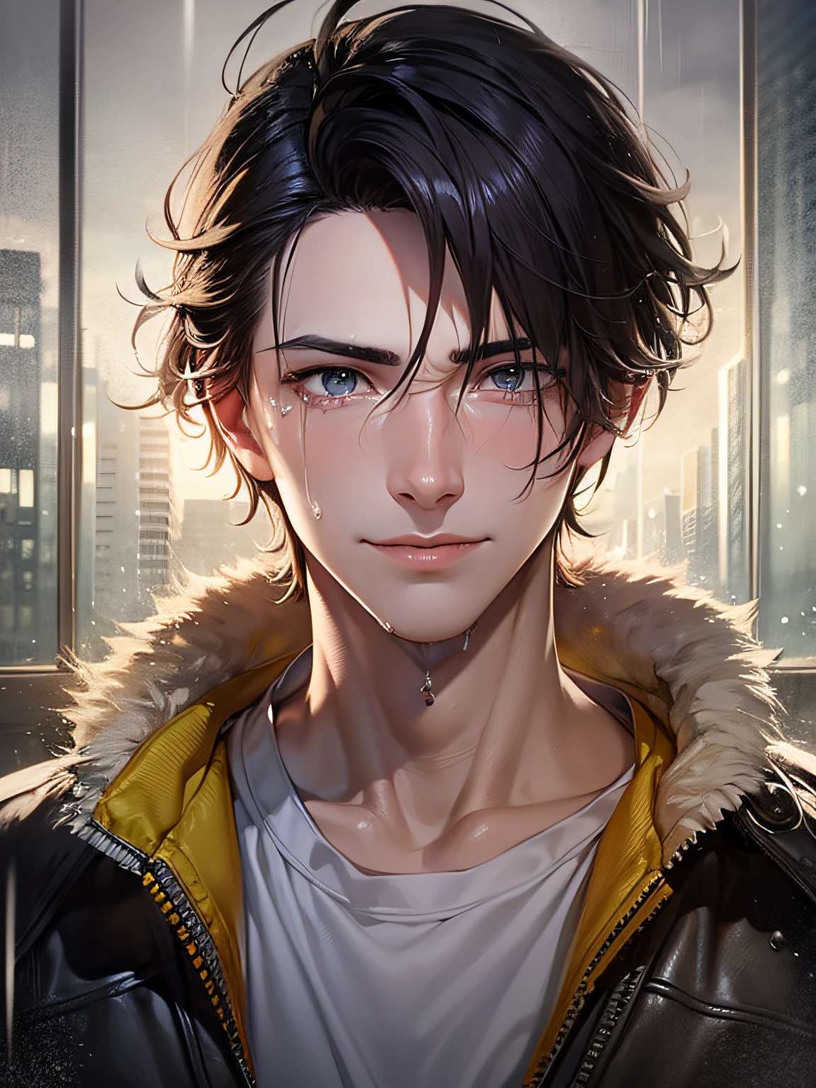 a teenager male, smile and cry, on the top of the building, heavy rain drop down, wet clothes, wet hair, clear face, lonely, eye reflection, streaming tears, panorama, from behind, ray tracing, reflection light, chiaroscuro, cinematic lighting, glowing light, depth of field, close-up, masterpiece, best quality, high details, highres, ccurate, textured skin, high quality, UHD, HD