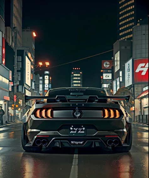 mustang gt500, wide body, in street of tokyo, high resolution, lights, hd, 4k, wide wheels, rear lights on, middle of night