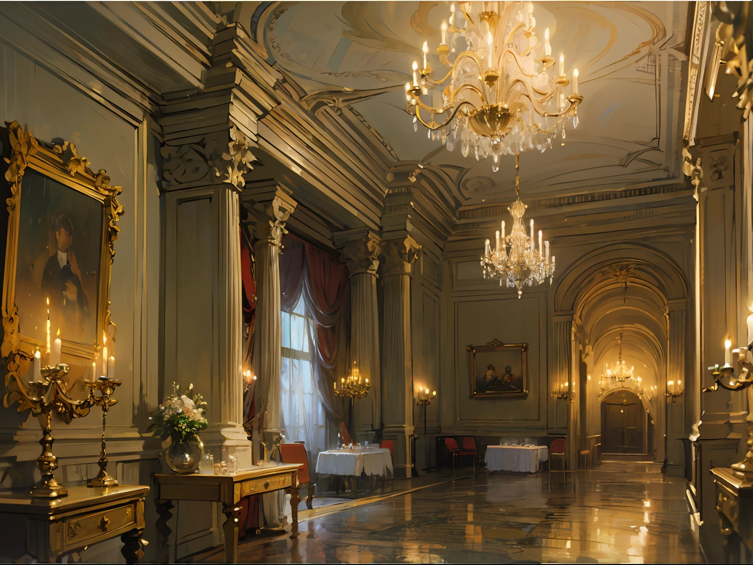 ((ballroom)), ((candle lights)), (columns), Chandeliers), (crystal), (Marble), (Gold Details), ((caracole)), (Curtains), (19th century), (Renoir), (many), (oil painting), (Sketch)