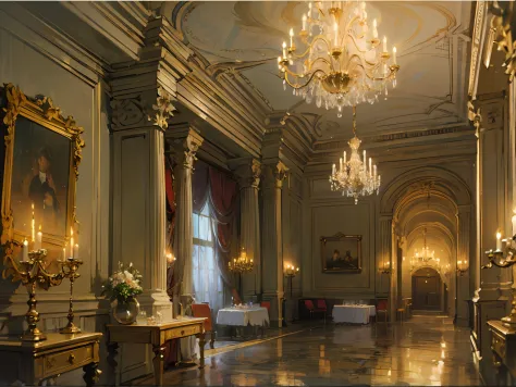 ((ballroom)), ((candle lights)), (columns), Chandeliers), (crystal), (Marble), (Gold Details), ((caracole)), (Curtains), (19th c...