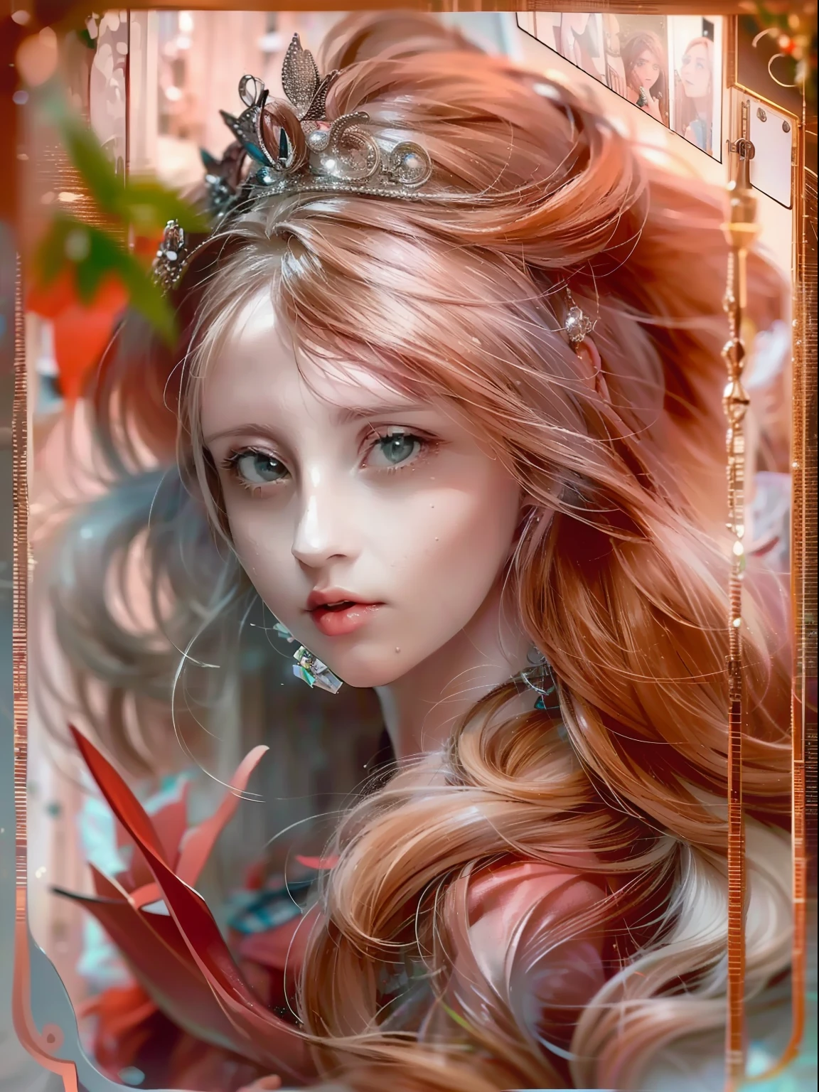 （Jogo King Card:1.5, simetria rotacional),Anna Dittmann,Minimalist compositions,chama,Maga Feminina,Cocar de cristal requintado, requintada armadura de cristal，Fio Eletroluminescente,((LiliArt)),brilho sonhador，arte digital conceitual,vermelho e cinza,(Very detailed, Reasonable design, linhas claras, alta nitidez,melhor qualidade, master part, 4k )