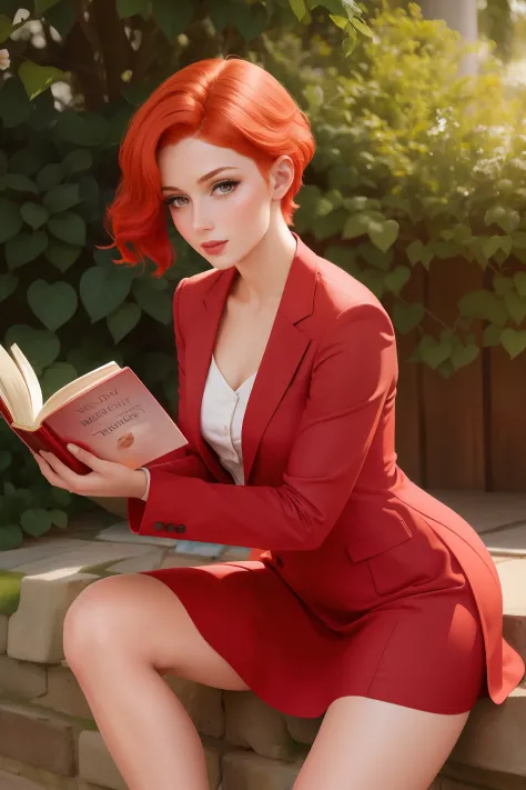 beautiful mariia with clasical red bobcut reading a book, alluring pose