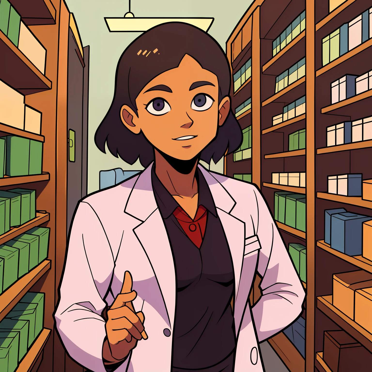 animated cartoon, PHARMACIST, , white labcoat, pharmacy, muka, portraite