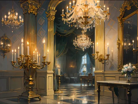 ((ballroom)), ((candle lights)), (columns), Chandeliers), (crystal), (Marble), (Gold Details), (Curtains), (19th century), (Reno...