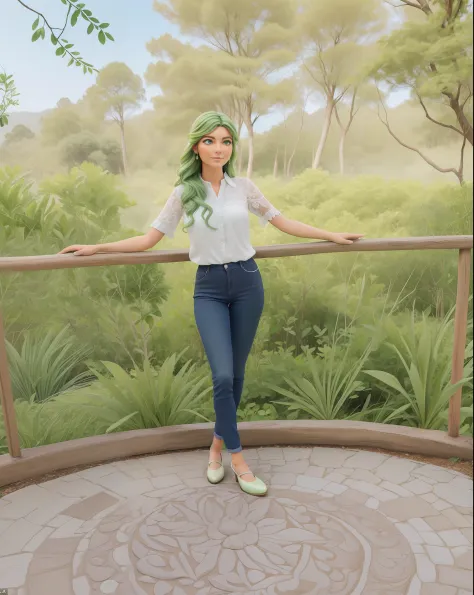 (Distintivo: Gaia possui longos cabelos verdes e olhos azuis brilhantes. Ela usa um traje verde e marrom, com detalhes em forma ...