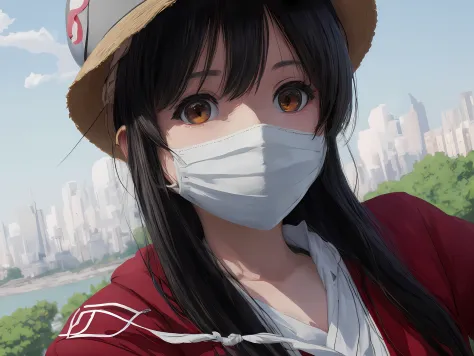 anime girl in mask and hat，the background is a city, guviz-style artwork, 8k)), trending on cgstation, realistic anime 3 d style...