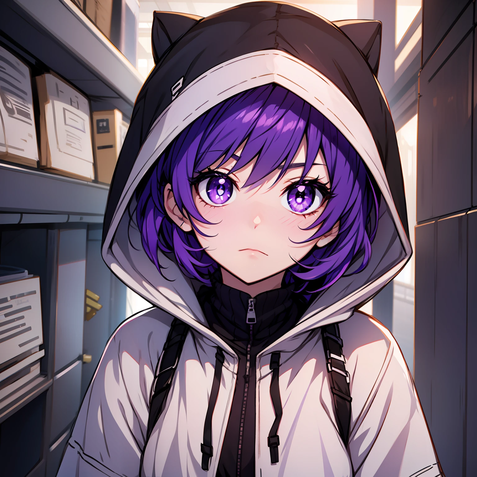 purple hair, short hair hair, Dilated Pupils, purple eyes, purple eyes, hood, Shy up, blush, bored, Surrealism, highly detail, anime style, POV, 8k, ultra-detail