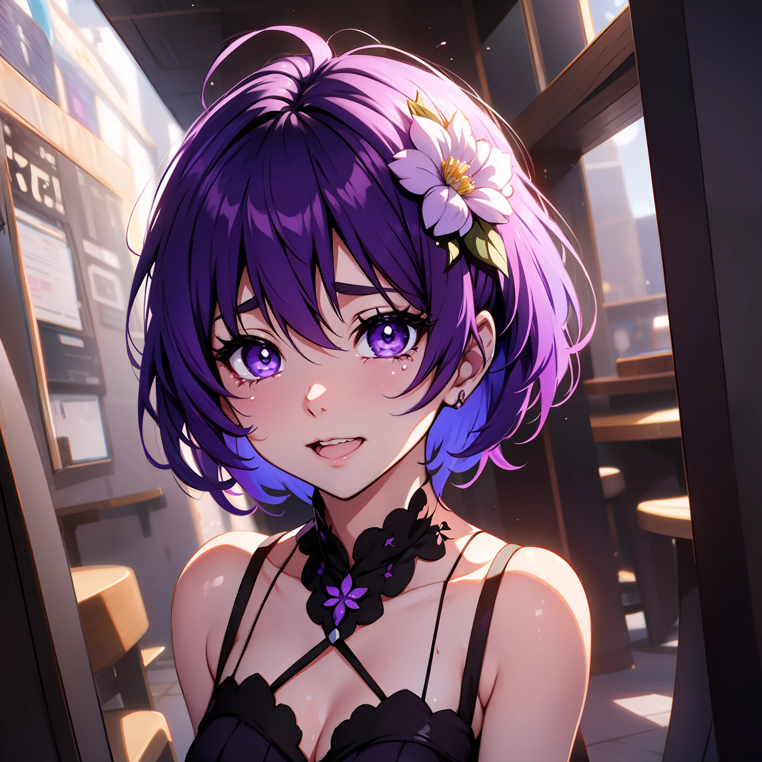 cheveux violets, Cheveux courts, fleur sur la tête, pupilles dilatées, larmes, heureux larmes, yeux violets, yeux violets, heureux, pleurs, Surréalisme, Détails élevés, Style animé, Point de vue, 8k, Super détail, robe, tout le corps