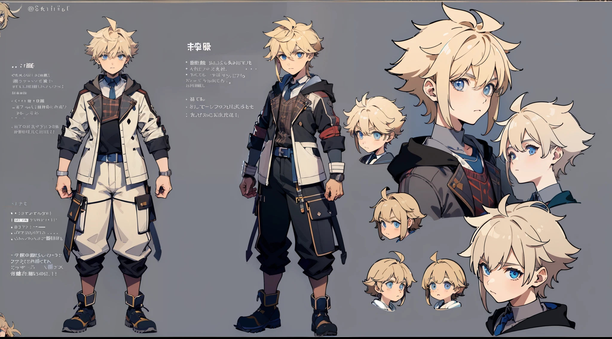 ((Masterpiece, highest quality)), detailed face, character sheet, Full body, 1boy, blue eyes, blonde hair, brown hair, short hair, messy hair, ((spiky hair)), hoodie, hair between eyes, school uniform, grey theme, full of details, multiple poses and expressions, highly detailed, depth, many parts