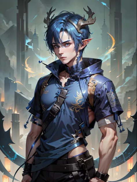 Blue short hair, male, china deer horns on head, blue techwear, standing, blue hair elf, china dragon