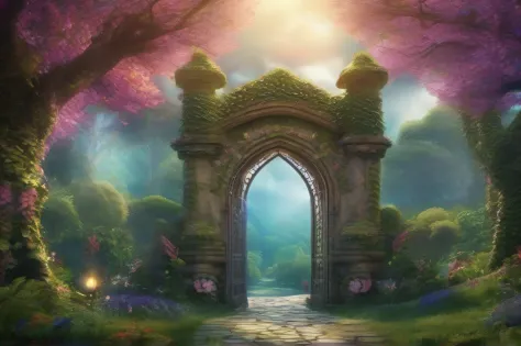 "(masterpiece, best quality, CGI, official art: 1.4), (image of a gate in a garden with flowers and trees: 1.3), fantasy enchanted magic forest, magic setting, enchanted garden, fairy magic background, forest fantasy magic, magic forest background, fairy m...