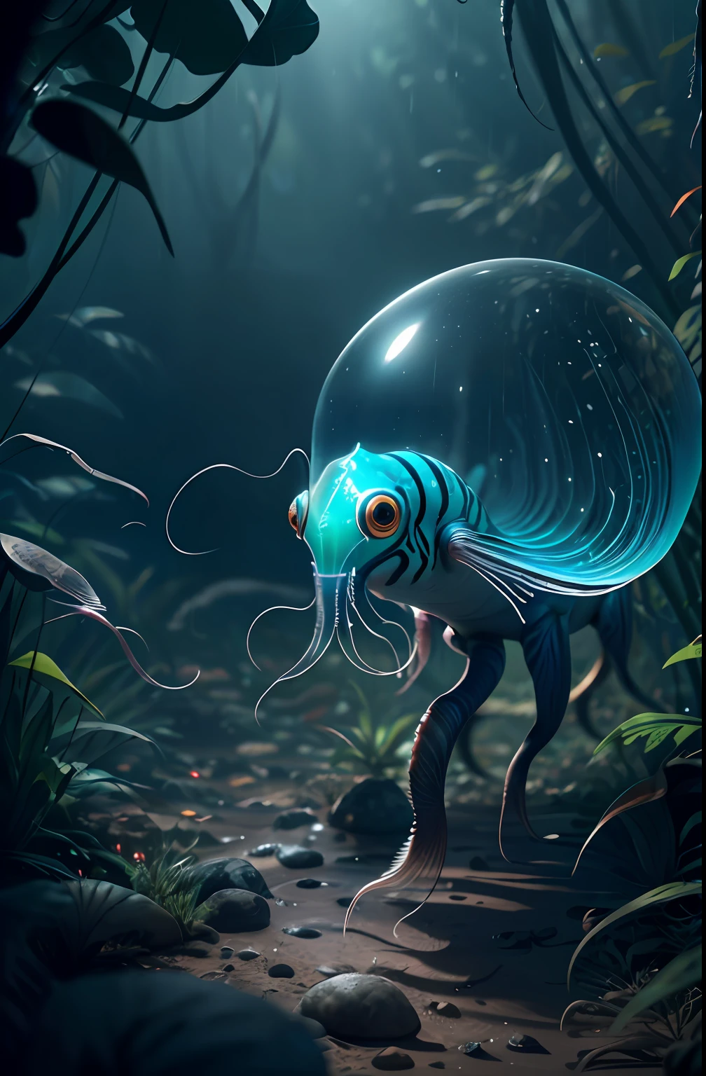 predator creature like with ((six legs)) creature with transparent and lighting body, walking on all six legs, (((cuttlefish head))), ((four eyes)),jellyfish transparent body, six leghs, in the jungle, jungle, rain forest, high image quality, realistic look, high-resolution photography, 8K, full-frame matrix, deep shadows, ((one character)), (intricate details, subsurface scattering, hyperdetailed:1.15), (hyperrealism, volumetric lighting, sharp:1.5) Fujifilm XT3