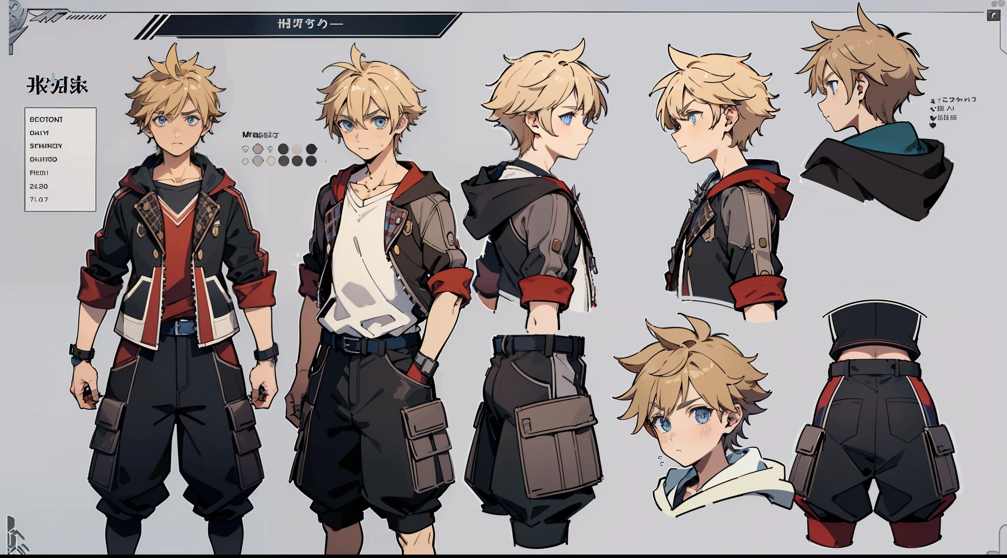 ((Masterpiece, highest quality)), detailed face, character sheet, Full body, 1boy, blue eyes, blonde hair, brown hair, short hair, messy hair, ((spiky hair)), hoodie, hair between eyes, school uniform, grey theme, full of details, multiple poses and expressions, highly detailed, depth, many parts