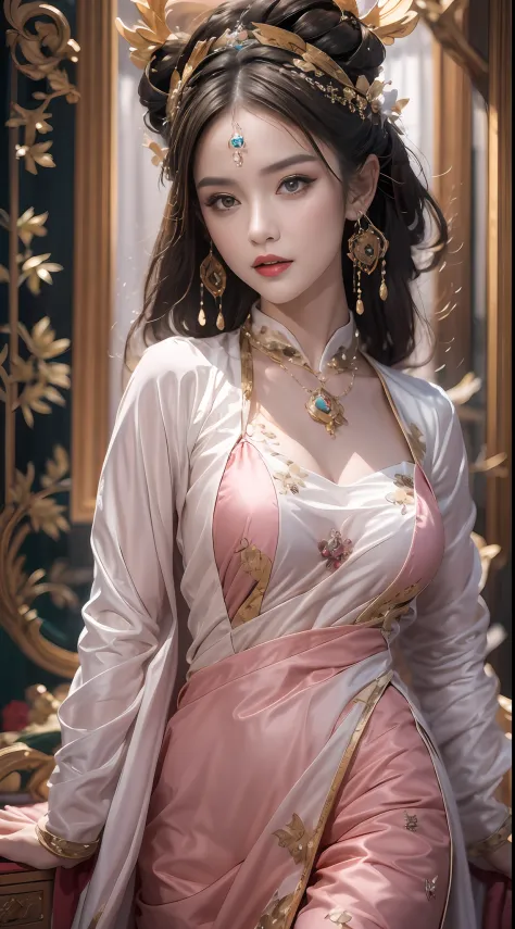 Portrait of a young 20-year-old saint, a saint with a beautiful and super cute face,wearing a very thin and sexy ao dai, beautif...