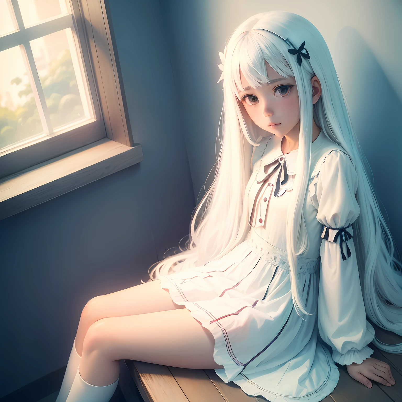 Anime loli sitting on windowsill，Legs crossed, Seductive anime loli, Smooth anime CG art, Attractive anime loli, Beautiful and seductive anime loli, Anime. Soft lighting, Beautiful anime loli, loli in dress, ilya kuvshinov with long hair(White color hair）, Beautiful anime loli, Only white clothes --auto