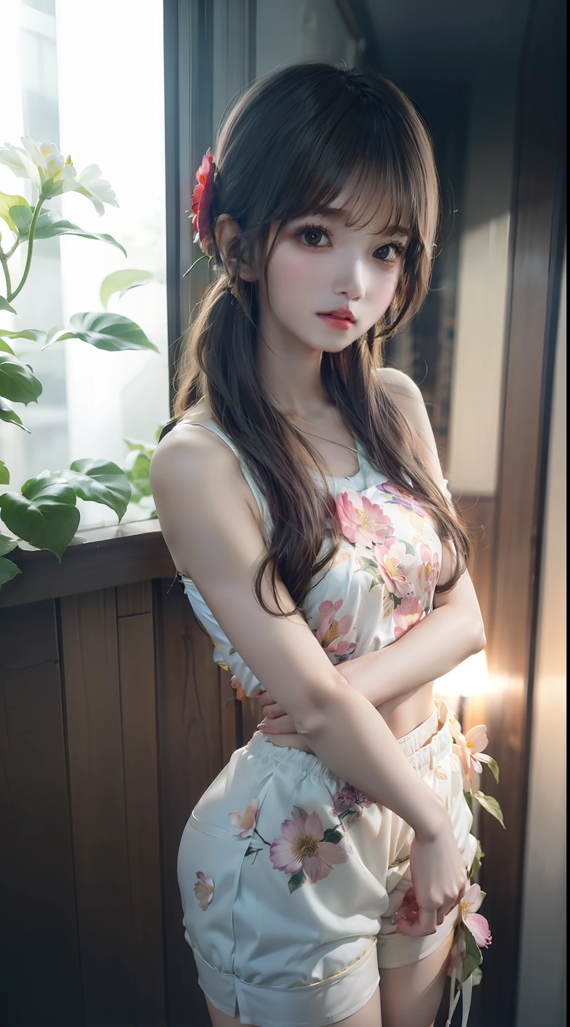 A man in shorts hugged a girl tightly，The girl wrapped her body in a few strands of light tulle，Exquisite facial features，wonderful body，Exposing the abdomen，Bloom around the flowers of spring，Live-action effect。3 d rendered。Ultra-clear image quality，Highest high resolution