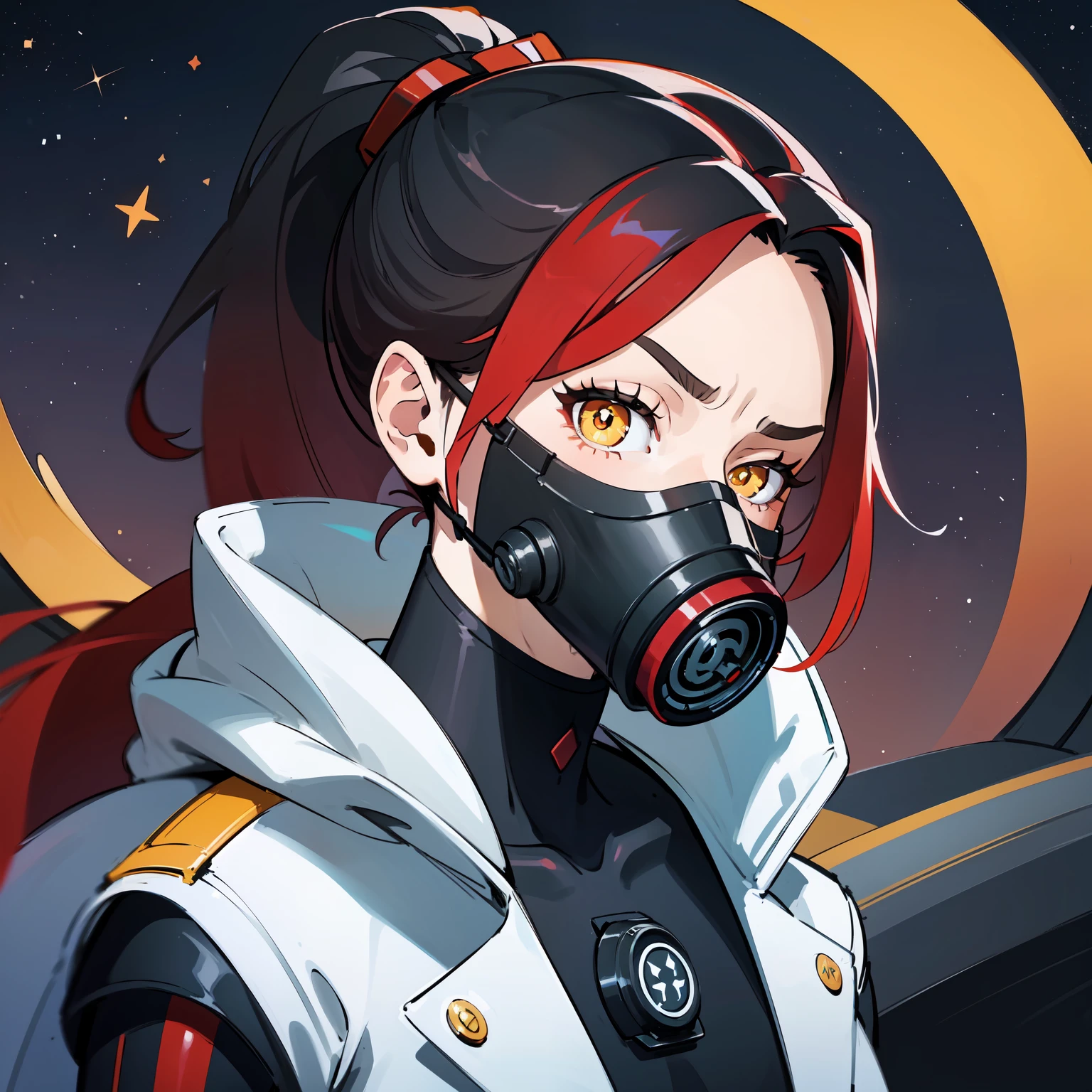 masterpiece, best quality, sharp focus, absurdres, ++ 1girl, coat, white coat, closed coat, black bodysuit, mouth mask, gas mask, futuristic mask, ((black hair)), (red hair), (gradient hair:1.2), forehead, ponytail, wavy hair, small breasts, ember yellow eyes, bags under eyes, ++ rockseyebrowraise, lifted eyebrow, close-up, face only, portrait shot, correct placed mask, hands out of frame, (looking at viewer:1.1), galaxy scenery, spaceship