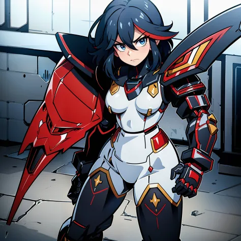 Kill La Kill_Ryuko wearing Dark Red + Black Captain armored outfit with an armored cuirass, styled in heavy Gundam armor and Off...