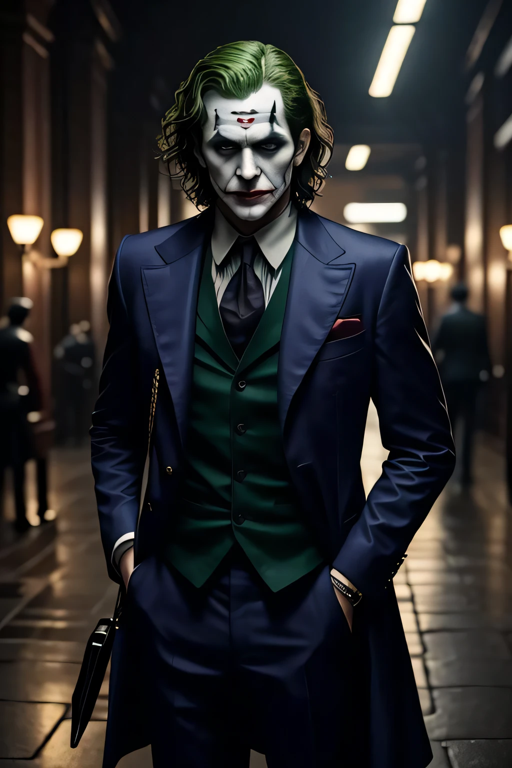 Meisterwerk, beste Qualität, Realistisch, Halbkörperfoto des Jokers, Filmmaterial aus dem DC-Universum, detailliertes Gesicht, 8k, uhd, scharfer Fokus