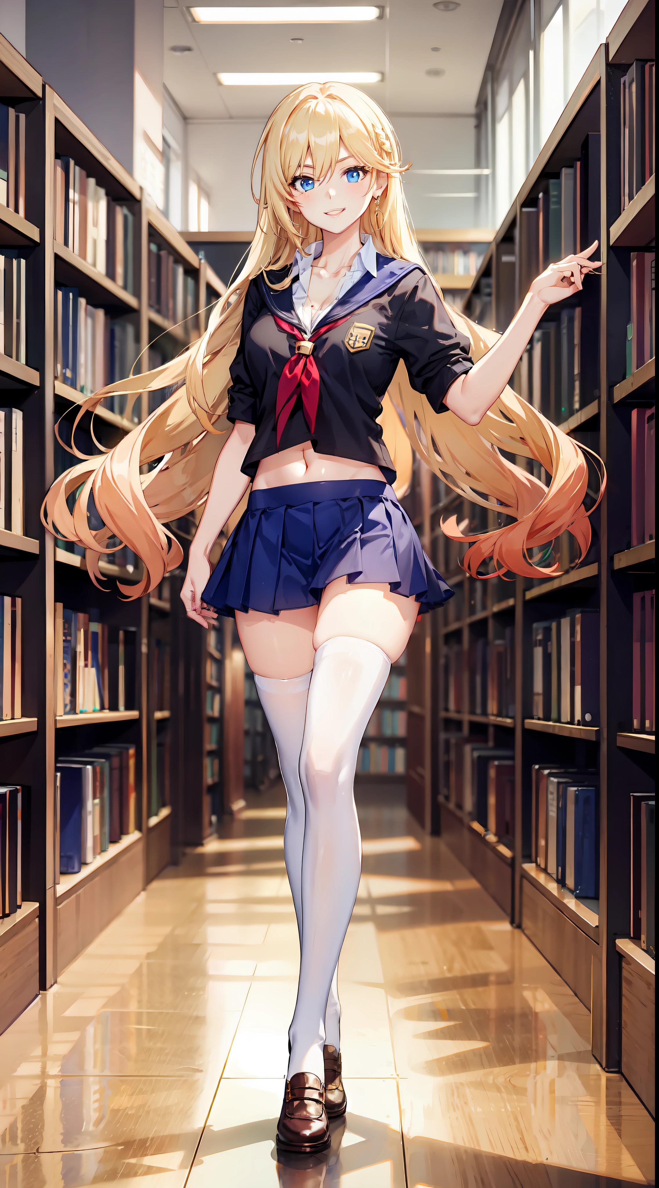 slim legs, happy, cleavage, short skirt, navel, blue eyes, school uniform, thigh high socks, stand, library , blonde hair, long hair