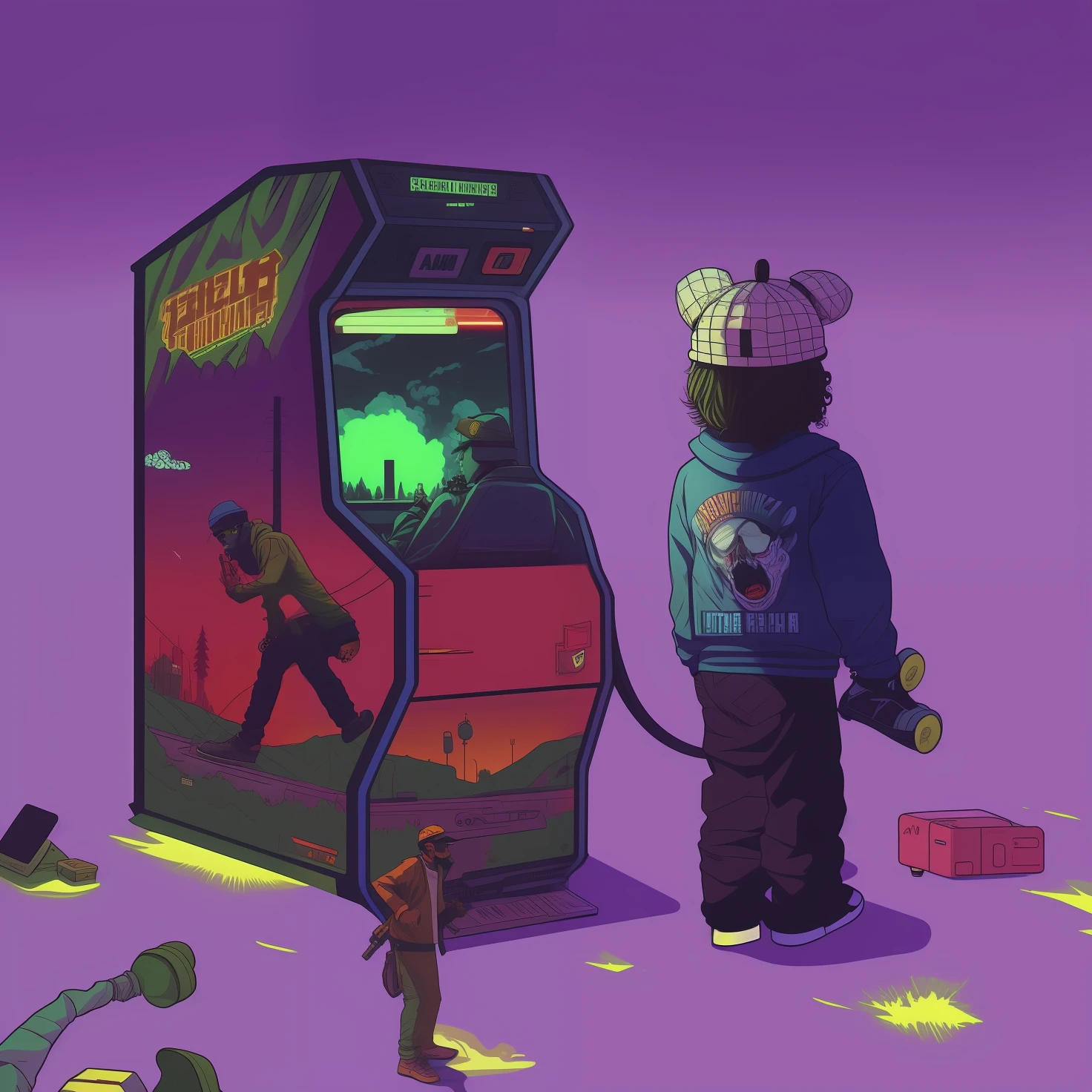 Cartoon of a man standing next to a video game machine - SeaArt AI