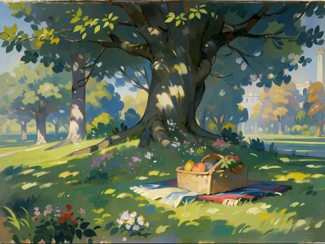 ((a tree)), ((oak)), ((ombre)), ((blanket)), ((picnic basket)), grass, Flowers, estate, palace, columns, ((19th century)), (Reno...